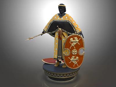 Ancient Warrior In Yellow Polka Dot Robe Holding Spear And Shield With Creature Motifs 3d model