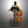 Ancient Warrior In Yellow Polka Dot Robe Holding Spear And Shield With Creature Motifs