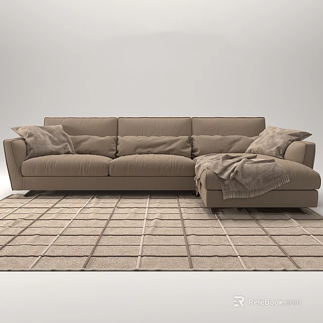 Brown Sectional Sofa with Soft Cushions and Throw Blanket on Grid Pattern Rug 3d model