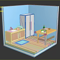 Cartoon Kitchen Scene Featuring Blue Walls Wooden Cabinet Refrigerator Sink Table And Mat