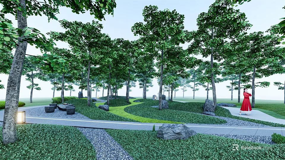 Serene Garden Landscape With Lush Trees Curved Pathway And Stone Decorations 3d model 