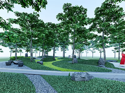 Serene Garden Landscape With Lush Trees Curved Pathway And Stone Decorations 3d model