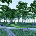 Serene Garden Landscape With Lush Trees Curved Pathway And Stone Decorations