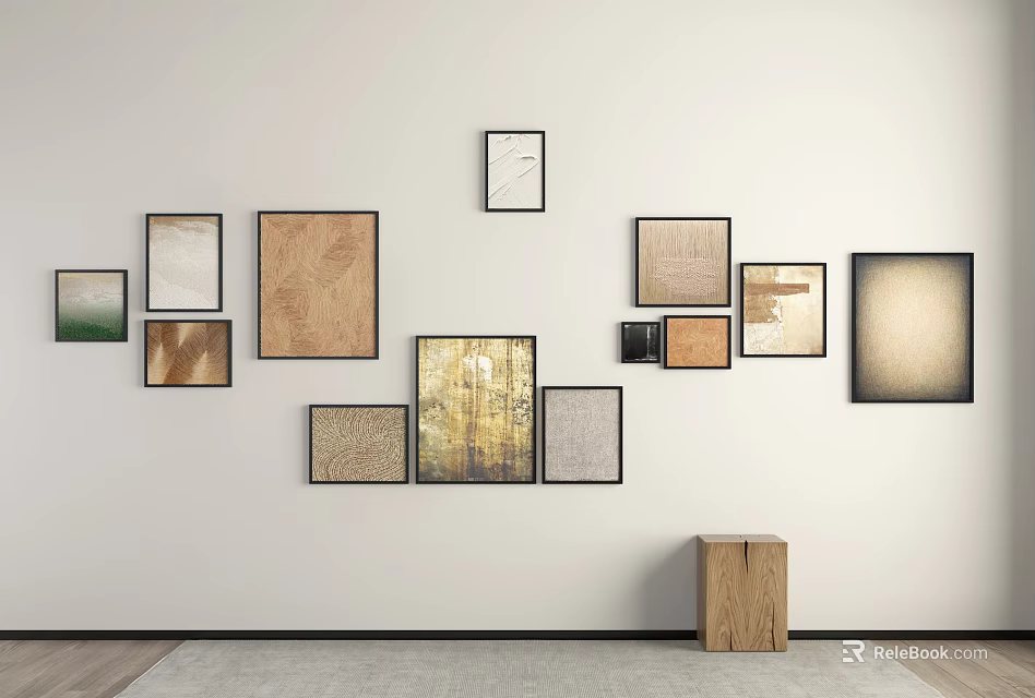 Gallery Wall Decor With Multiple Frames Various Sizes On White Wall And Wooden Cabinet 3d model