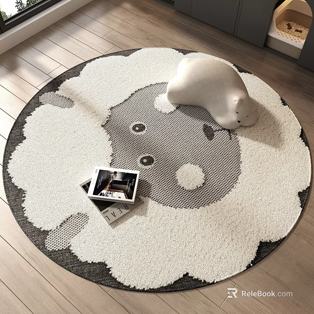 Fluffy Round Rug with Cute Sheep Pattern and White Plush Toy on Wooden Floor 3d model 