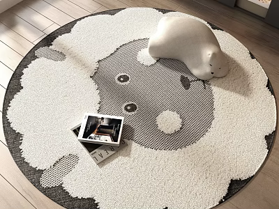 Fluffy Round Rug with Cute Sheep Pattern and White Plush Toy on Wooden Floor 3d model