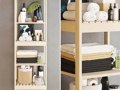 Organized Daily Washing Essentials on Wooden Shelf with Folded Towels and Toiletries 3d model