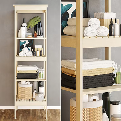 Organized Daily Washing Essentials on Wooden Shelf with Folded Towels and Toiletries 3d model