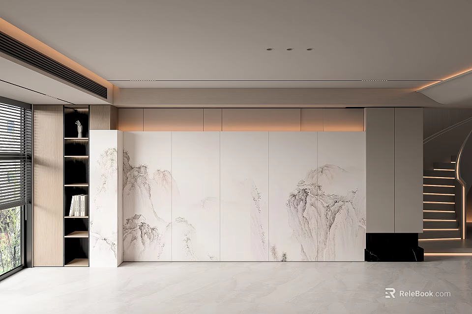 New Chinese Style Sofa Background Wall With Landscape Patterns 3d model