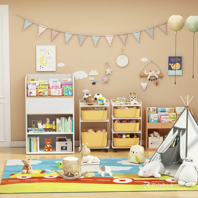 Plush Dolls In Kids Playroom With Storage And Decor 3d model 