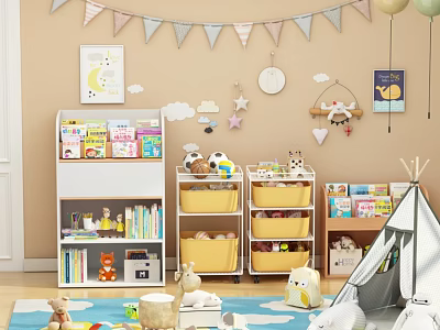 Plush Dolls In Kids Playroom With Storage And Decor 3d model