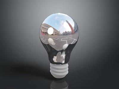 Shiny Glass Light Bulb Reflecting City Buildings And Urban Landscape 3d model