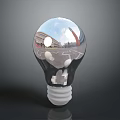 Shiny Glass Light Bulb Reflecting City Buildings And Urban Landscape