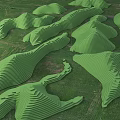 Green Wavy Landforms In Park Landscape With Lush Grass And Sculptural Hills