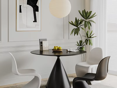 Modern Black Round Table With White And Black Chairs In Interior With Artwork And Plant 3d model