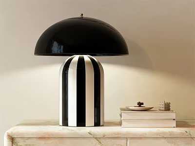 Modern Table Lamp With Black Dome Shade And Black White Striped Base On Marble Tabletop 3d model