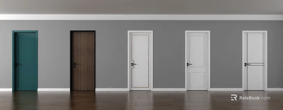 Three Different Flush Doors In Wooden And White Colors With Gray Wall Background 3d model 