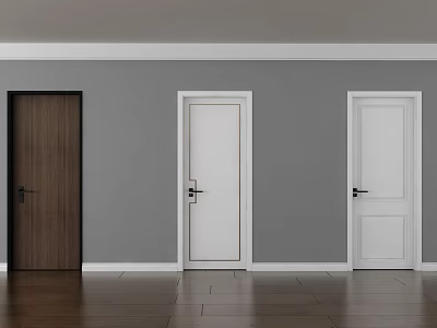Three Different Flush Doors In Wooden And White Colors With Gray Wall Background 3d model