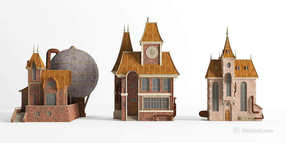 European Architecture Models With Clock Tower Spires Red Brick Arched Windows 3d model