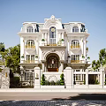 Elegant Detached Villa With White Exterior European Style Arched Porch And Balconies