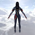 Woman With Long Black Hair In Fitted Futuristic Outfit Against Clouds And Blue Sky