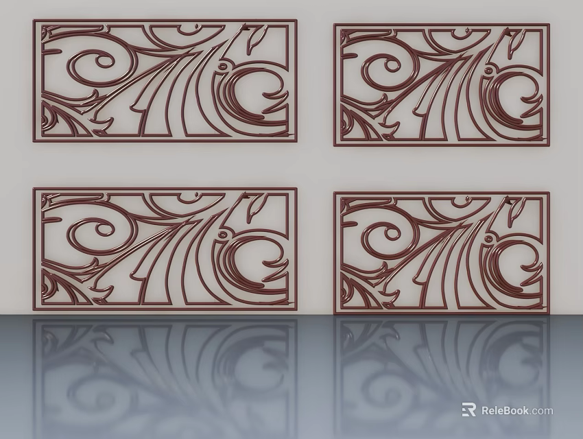 Four Elegant Swing Doors Featuring Intricate Scroll Patterns And Reflection 3d model 
