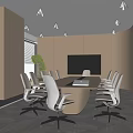Modern Conference Room Interior With Round Table Beige Chairs Large Screen TV And Green Plant
