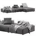 Modern Fabric Upholstered Sectional Sofa in Beige and Gray with Soft Pillows and Throw Blanket
