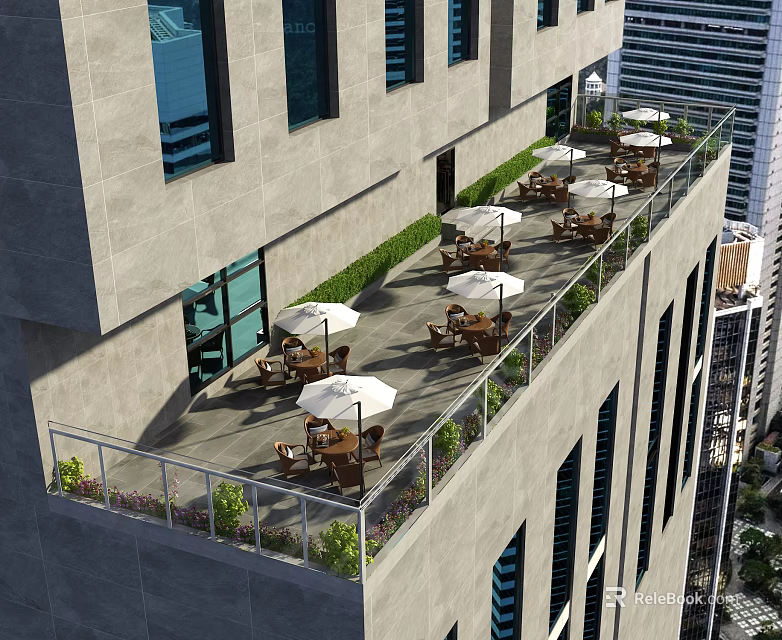 Rooftop Terrace With Outdoor Seating Umbrellas Green Plants And City View 3d model 