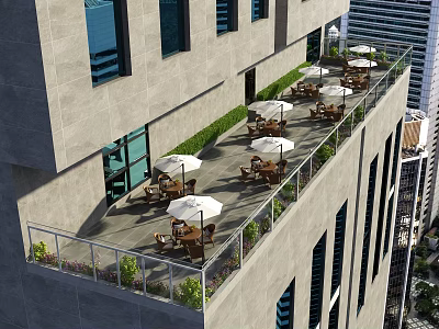 Rooftop Terrace With Outdoor Seating Umbrellas Green Plants And City View 3d model