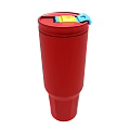 Red Travel Mug With Handle And Blue Yellow Lid Design