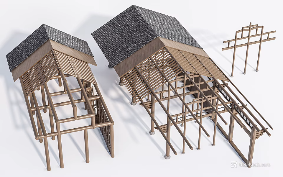 Wooden Building Components With Black Roof Structure And Frame Construction Details 3d model 