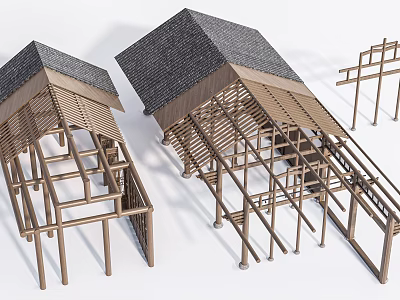 Wooden Building Components With Black Roof Structure And Frame Construction Details 3d model
