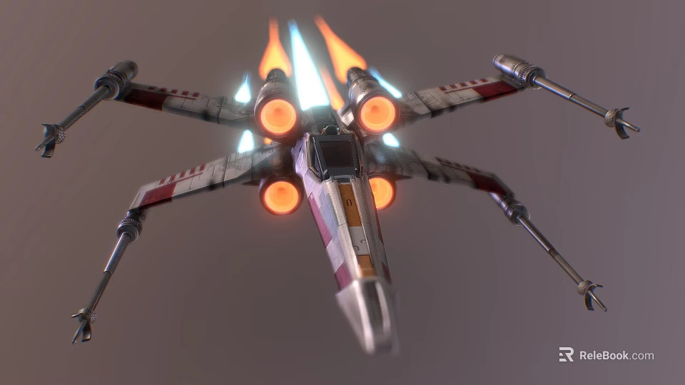X Wing Fighter With Glowing Engines Flames And Detailed Wing Structure 3d model 