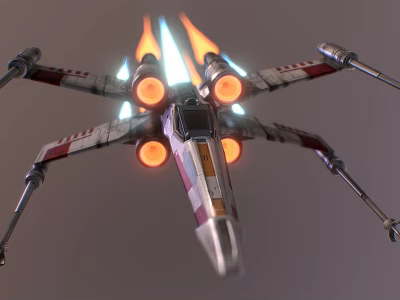 X Wing Fighter With Glowing Engines Flames And Detailed Wing Structure 3d model
