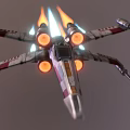 X Wing Fighter With Glowing Engines Flames And Detailed Wing Structure