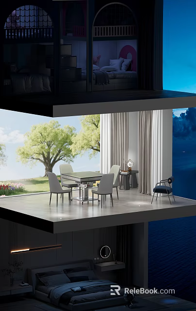 Modern Entertainment Table With Four Chairs In Room Featuring Green Trees And Blue Sky View 3d model 