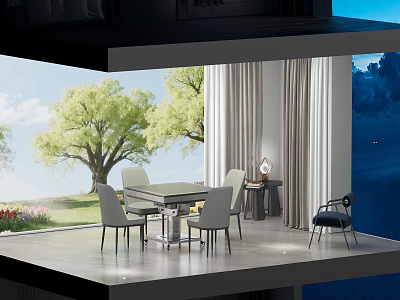 Modern Entertainment Table With Four Chairs In Room Featuring Green Trees And Blue Sky View 3d model