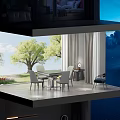 Modern Entertainment Table With Four Chairs In Room Featuring Green Trees And Blue Sky View