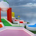 Giant Golf Ball Themed Mini Golf Setup With Red Structure Yellow Arch And Green Lawn