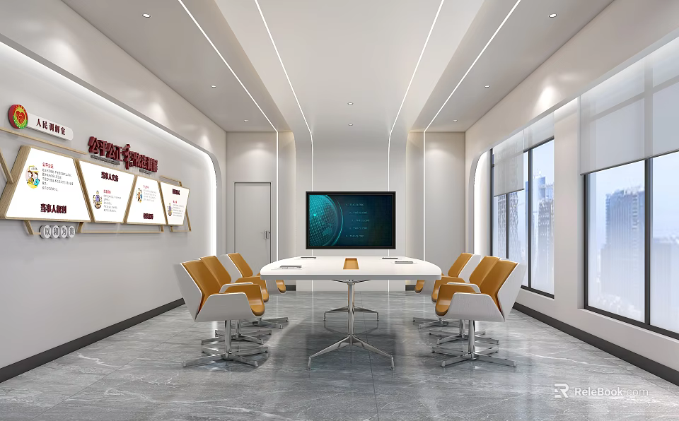 Modern Conference Room With White Long Table Orange White Chairs Large Screen And Display Boards 3d model 