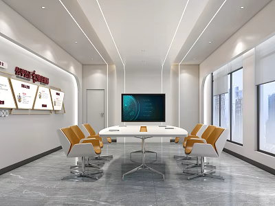 Modern Conference Room With White Long Table Orange White Chairs Large Screen And Display Boards 3d model