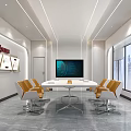 Modern Conference Room With White Long Table Orange White Chairs Large Screen And Display Boards