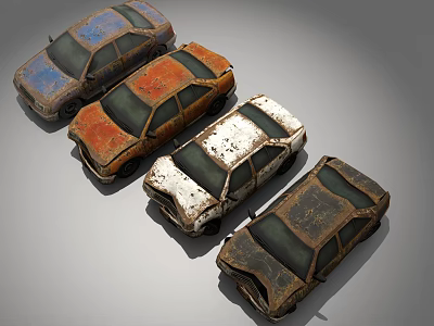 Four Old Rusty Vintage Cars With Weathered Exteriors And Different Colors 3d model