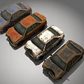 Four Old Rusty Vintage Cars With Weathered Exteriors And Different Colors