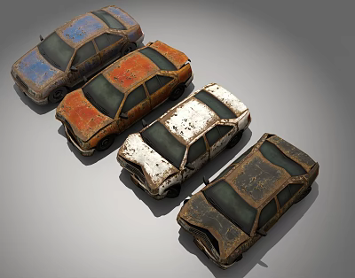 Four Old Rusty Vintage Cars With Weathered Exteriors And Different Colors 3d model
