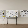 Three Display Boards Covered With Various Notes Photos And Materials On Stands Against Light Wall