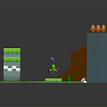 3D Cartoon Game Level Scene With Green Platforms Orange Rails Gray Block Structures And Pathway