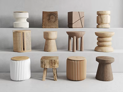 Collection Of Stylish Stools With Various Designs Shapes And Wooden Woven Materials For Home Decor 3d model
