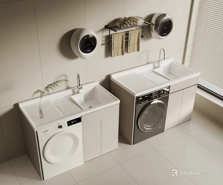 Bathroom Cabinet Unit With Washing Machine Sink Towel Rack And Mirrors In White Design 3d model 
